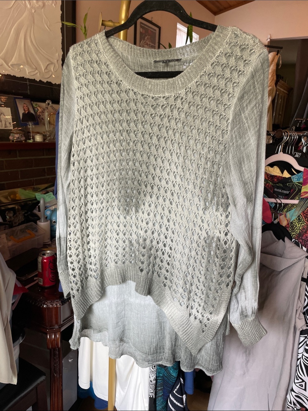 Picadilly Fashion Light Sage Open-Weave Layered-Hem Sweater